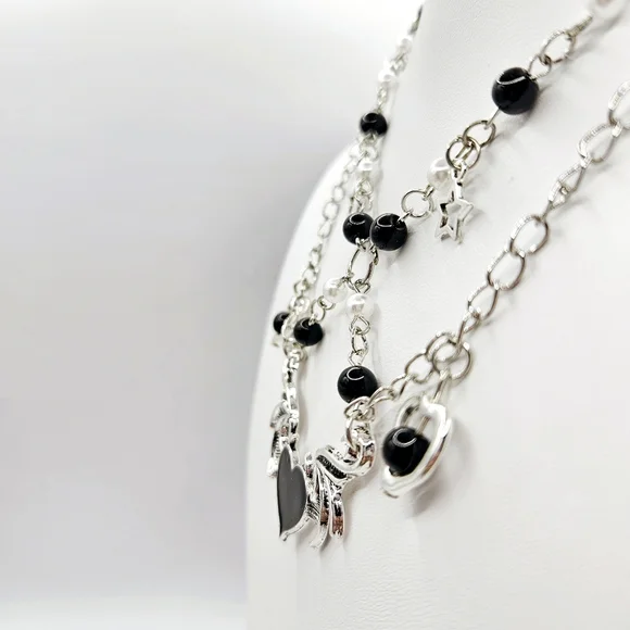 Black Winged Heart Fairycore Double Layer Choker Necklace New - Picture 2 of 3